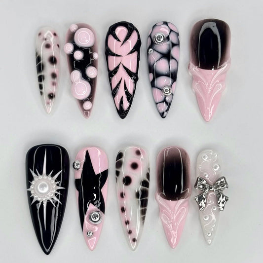 Handpainted Pink Black White Press On Nails with Star, Bow, and Bubble 3D Accents