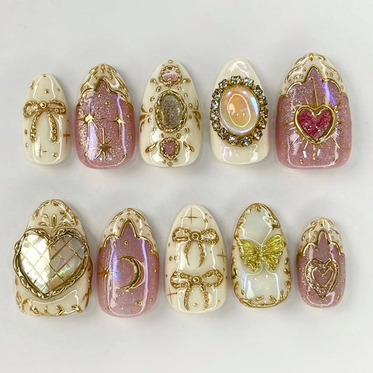 Handpainted Pink Gold Press On Nails with Heart, Moon, and Butterfly 3D Accents