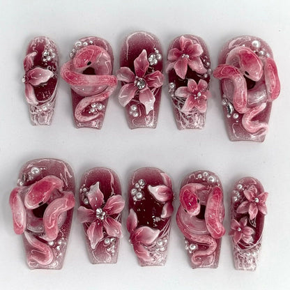 Handpainted Pink Maroon Press On Nails with Snake and Floral 3D Accents