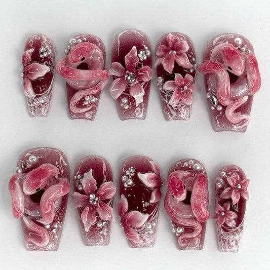 Handpainted Pink Maroon Press On Nails with Snake and Floral 3D Accents