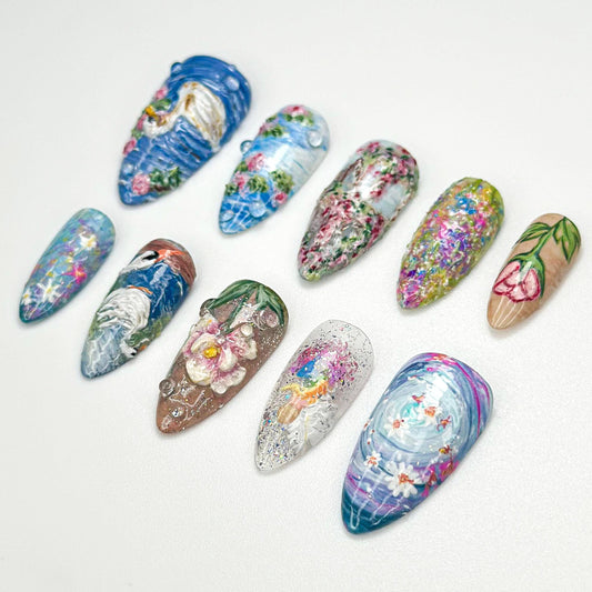 Handpainted Swan Press On Nails - Fairy Garden 3D Handpainted Nail Set