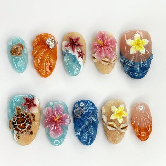 Handpainted Tropical Press On Nails with Turtle and Floral 3D Accents