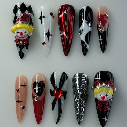 Harlequin Clown 3D Press On Nails in Red, Black and White