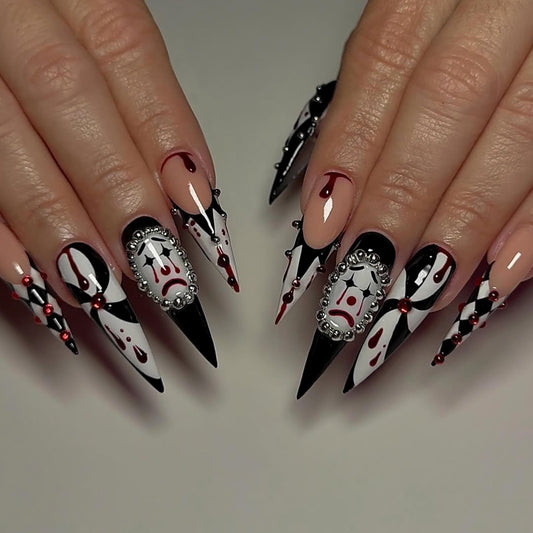 Harlequin Gothic Press-On Nails with Clown Face and Blood Drip Design