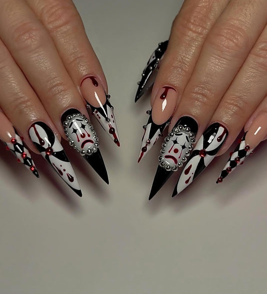 Harlequin Gothic Stiletto Press On Nails - Gothic Clown Blood Drip Press Nails