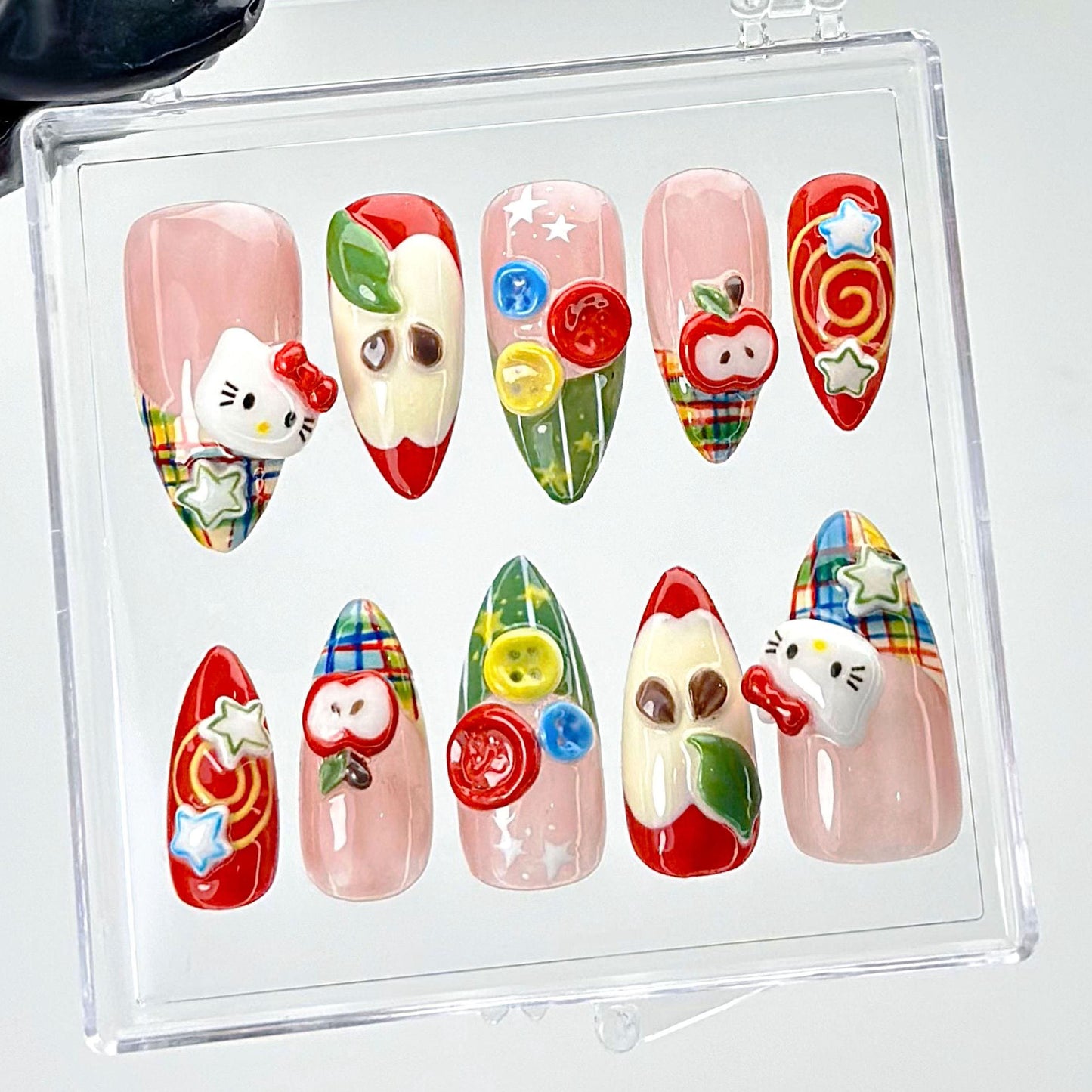 Hello Kitty Apple Press On Nails – Cute Fruit & Plaid 3D Nail Art Set    
