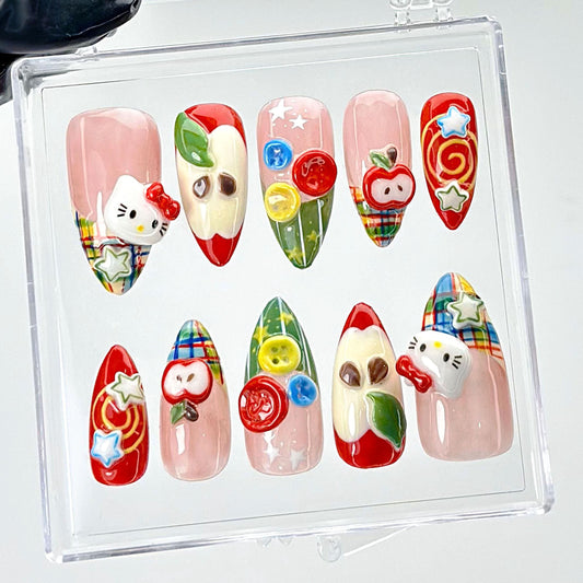 Hello Kitty Apple Press On Nails – Cute Fruit & Plaid 3D Nail Art Set    