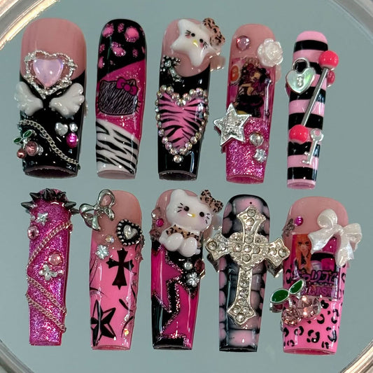 Hello Kitty Pink Zebra Cross Press On Nail Set 3D Glam Punk