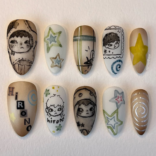 Hirono Starry Story Press On Nails with Hand-Drawn Art
