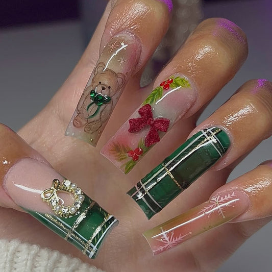 Holiday Bear Press On Nails with Plaid and Bow Details