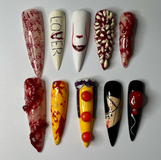 IT Pennywise Horror Press-On Nails with Clown, Blood, and Balloon Designs