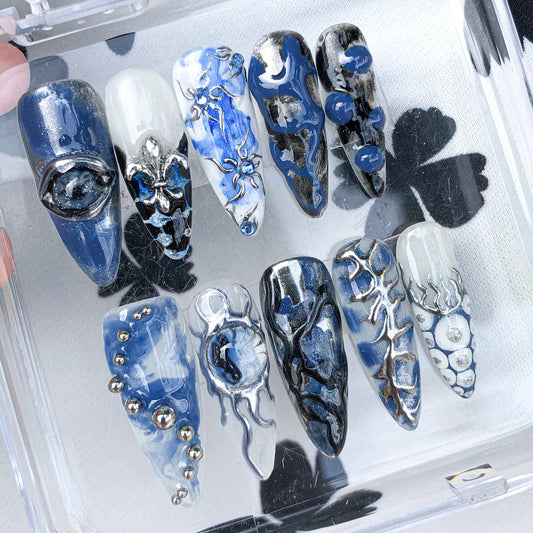 Iridescent Blue Press-On Nails with Sculpted Chrome Accents