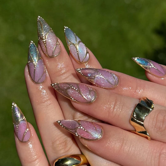 Iridescent Butterfly Stiletto Press On Nails with Glam