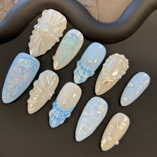 Iridescent Ocean Pearl Press On Nails