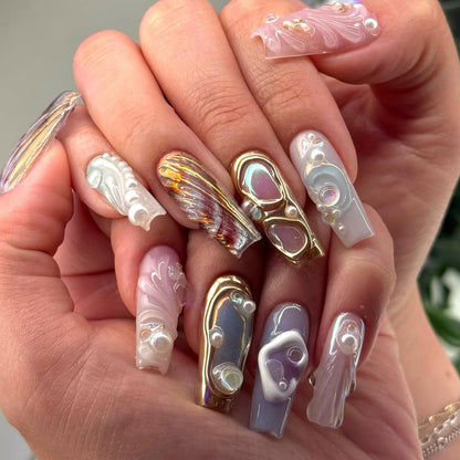 Iridescent Pearl Chrome Press On Nails Mermaidcore Fantasy Set