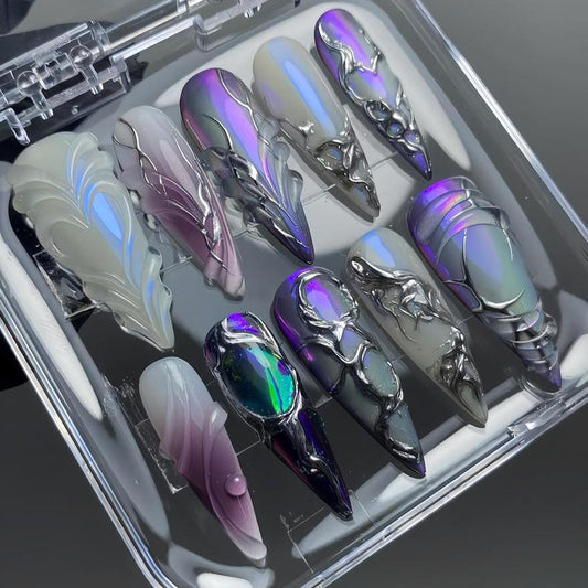 Iridescent Purple Press-On Nails - Long Stiletto, Holographic 3D Art, 10pc Set