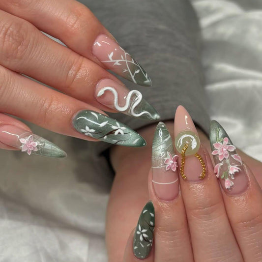 Jade Serpent Floral Press-On Nails with Mystic Elegance.