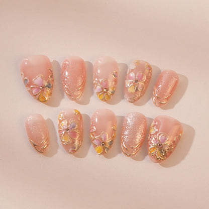 Japanese Floral Press-On Nails with Cherry Blossom Charm.