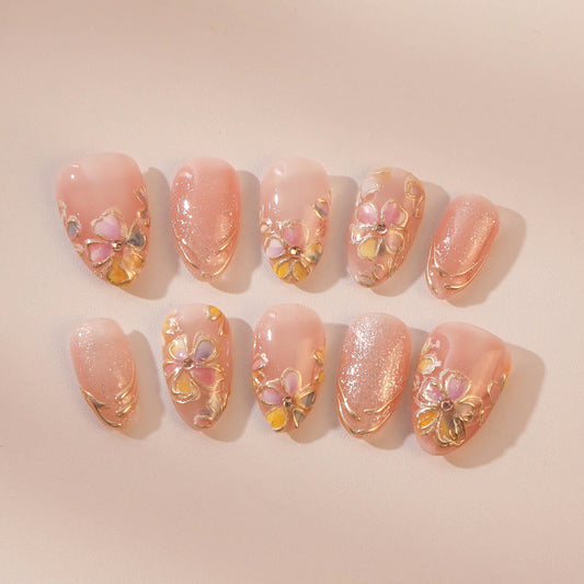 Japanese Floral Press-On Nails with Cherry Blossom Charm.