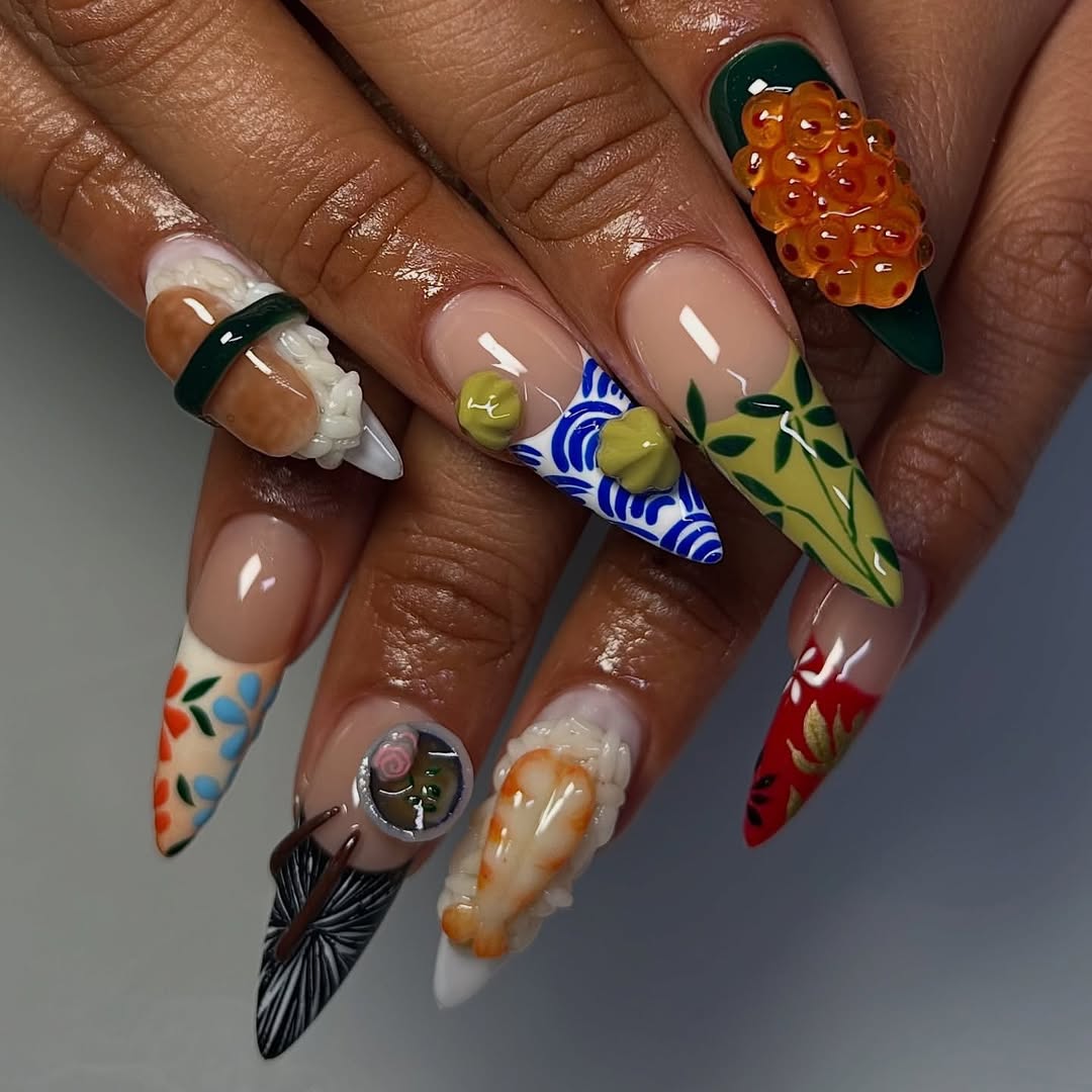 Japanese Food Inspired 3D Press On Nails – Sushi and Ramen Art