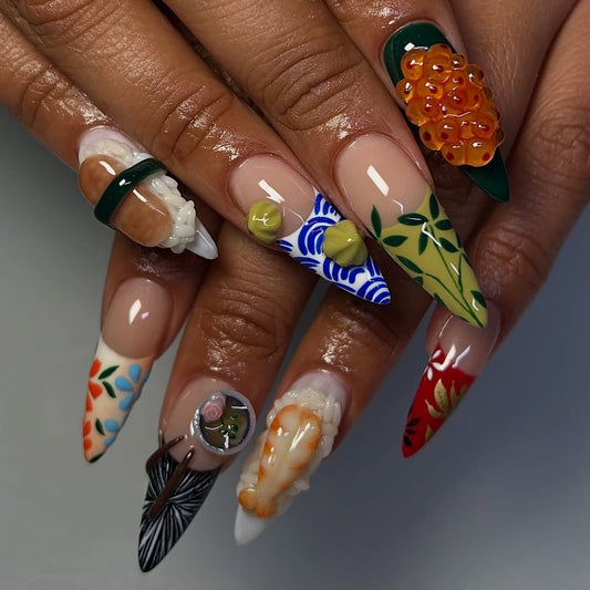 Japanese Food Inspired 3D Press On Nails – Sushi and Ramen Art