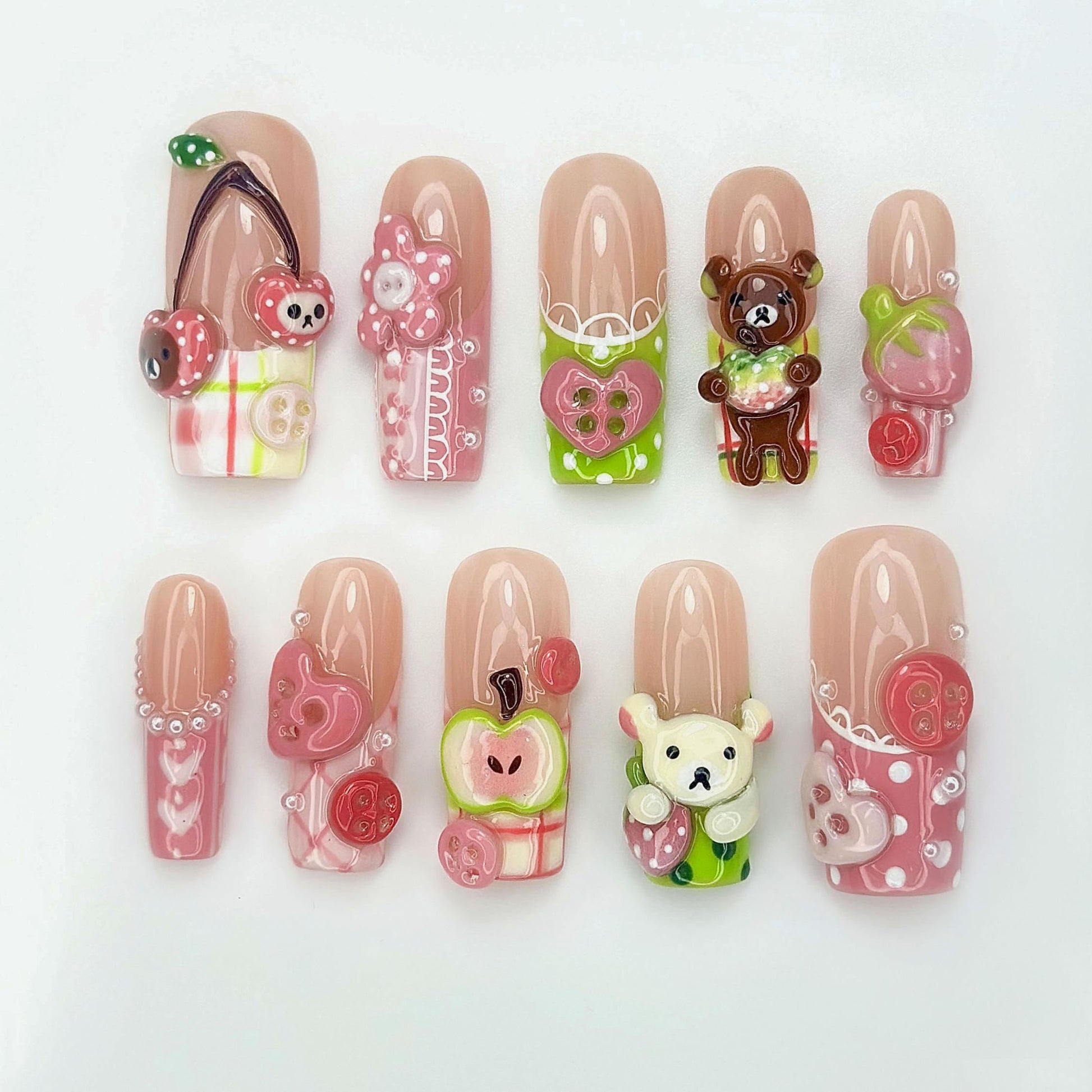 Kawaii Bear Candy Press On Nails 3D Cute Apple Cherry Nail Art