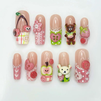Kawaii Bear Candy Press On Nails 3D Cute Apple Cherry Nail Art