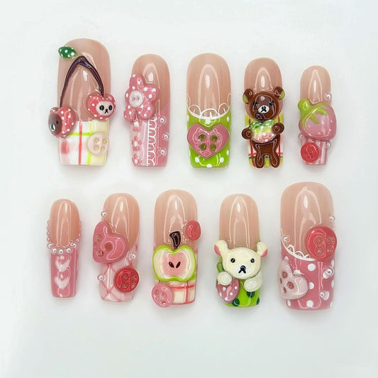Kawaii Bear Candy Press On Nails 3D Cute Apple Cherry Nail Art