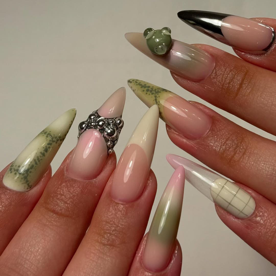 Kawaii Bear Chrome Press-On Nails with Green French Tips
