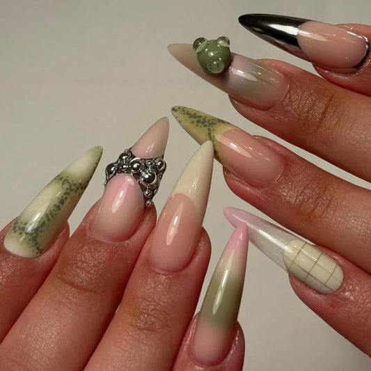 Kawaii Bear Chrome Press-On Nails with Green French Tips