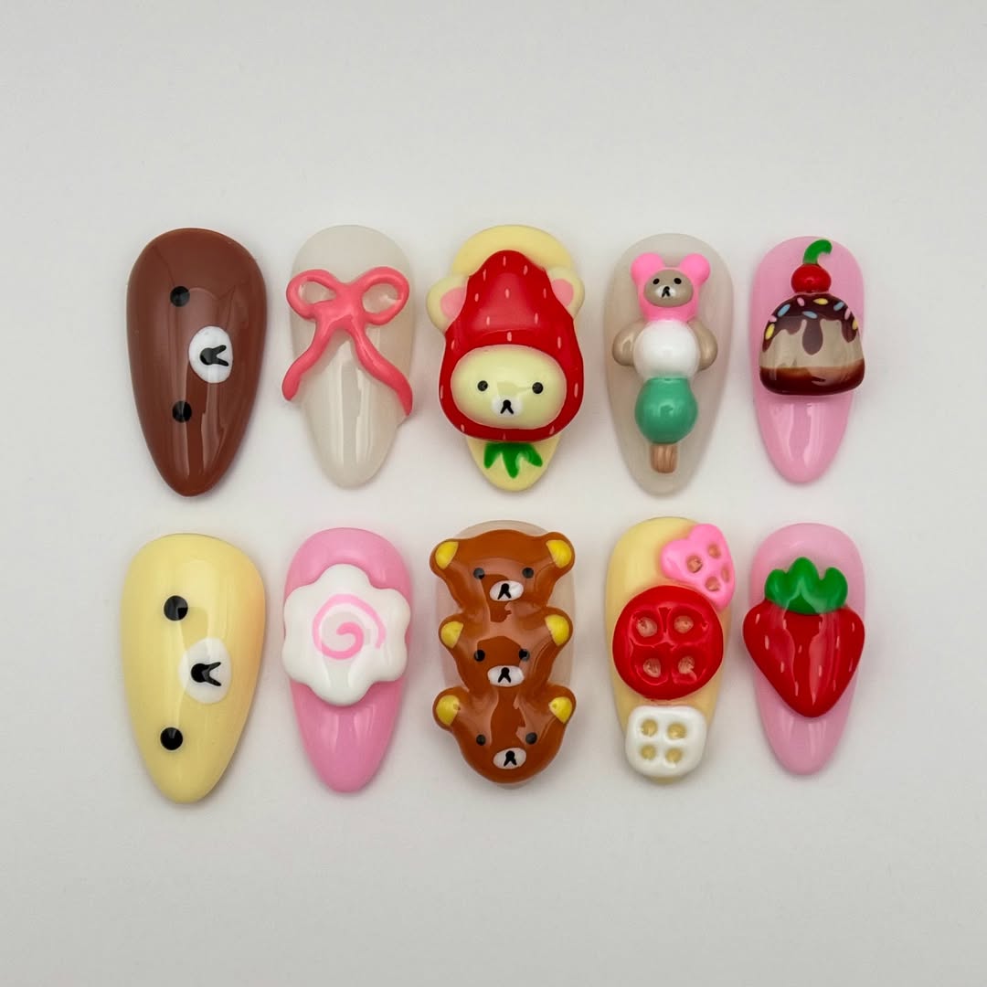 Kawaii Bear and Strawberry Dessert Press On Nails