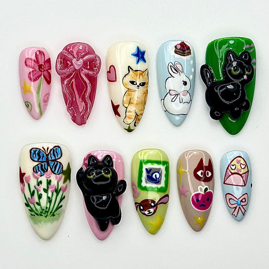 Kawaii Cat Bunny Ribbon Press On Nails