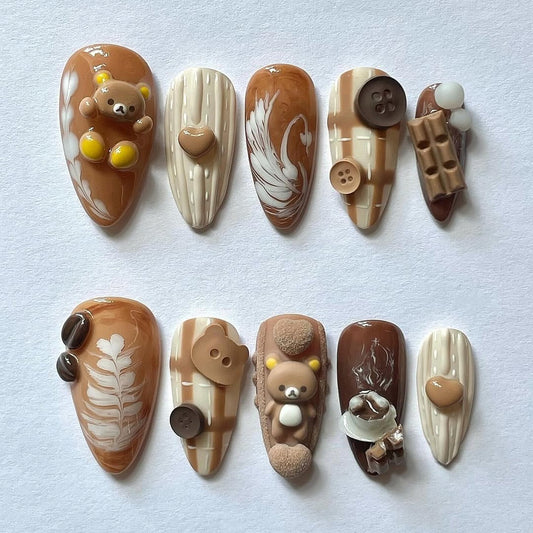 Kawaii Coffee Press-On Nails with Rilakkuma Bears and Chocolate Details