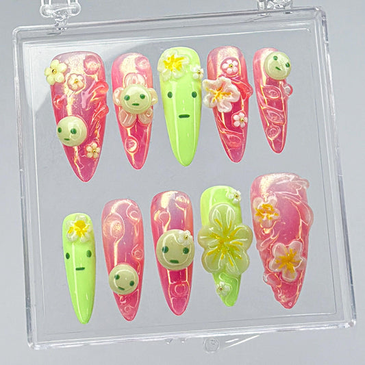 Kawaii Green Pink Press On Nails Cute Faces