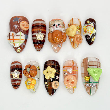 Kawaii Halloween Cat Press On Nails - Cute Gingerbread 3D Press On Nails