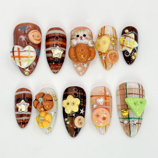 Kawaii Halloween Cat Press On Nails - Cute Gingerbread 3D Press On Nails