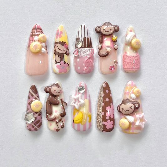 Kawaii Monkey Press On Nails Sweet Dessert Cartoon Charm Art Set