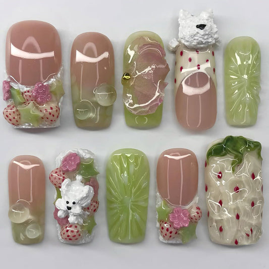 Kawaii Press-On Nails with 3D Puppy, Strawberries, and Floral Details
