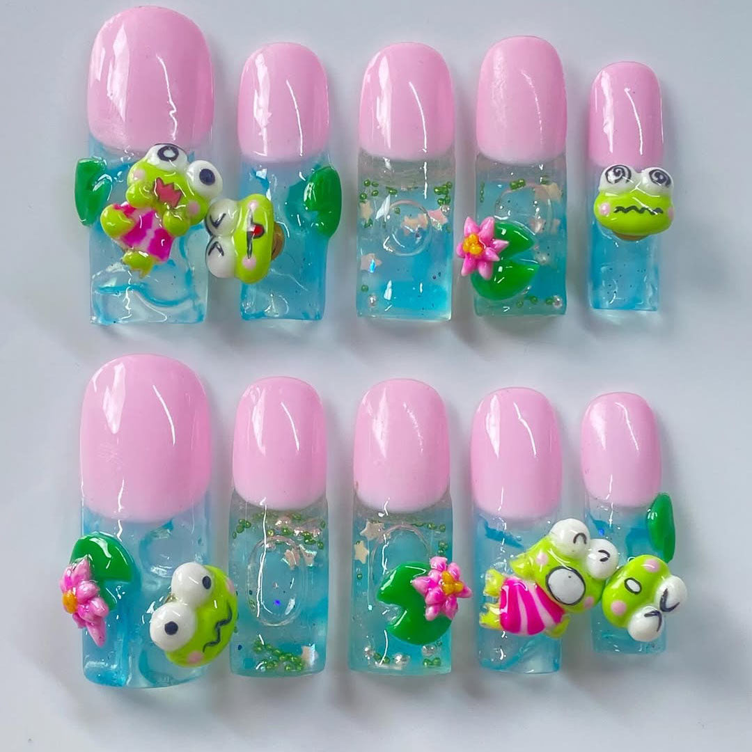 Keroppi Pond Party Press On Nails with 3D Frog Design