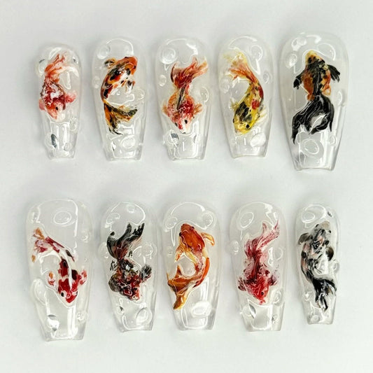 Koi Pond 3D Press On Nails with Hand Painted Fish and Water Bubble Effect