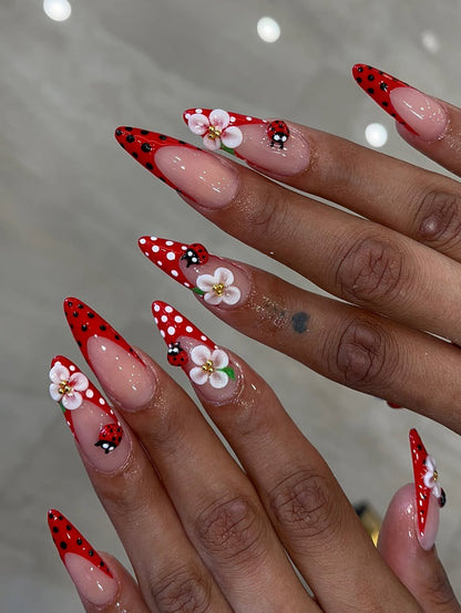 Ladybug Floral Red Stiletto Press On Nails Set