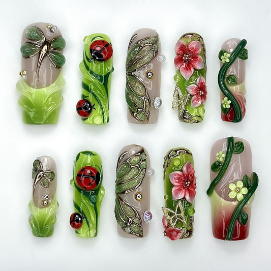 Ladybug Garden Floral 3D Press On Nails