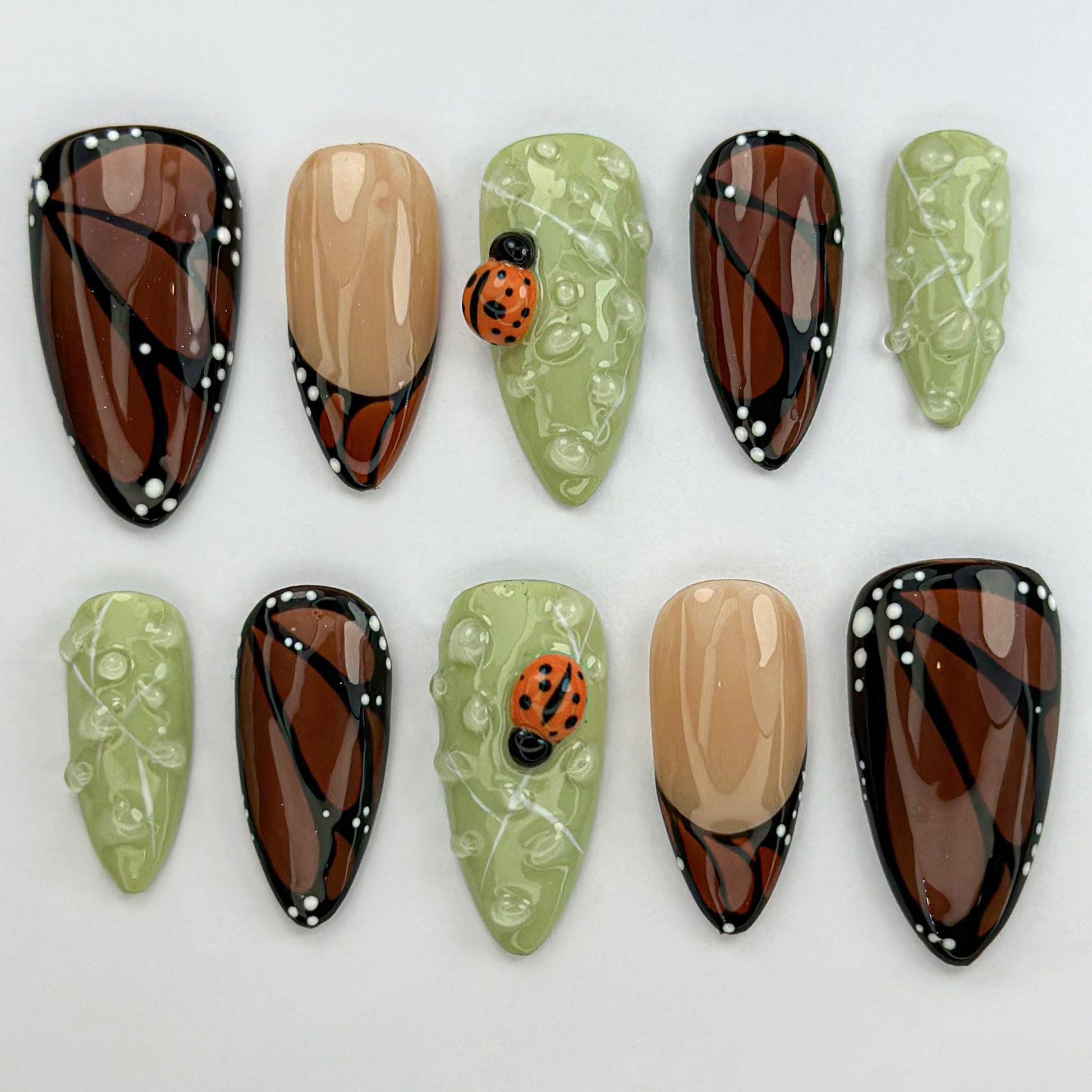 Ladybug Press On Nails – Green Brown Nature Nail Art