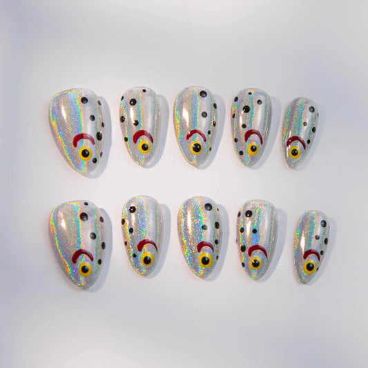Laser Fishing Nail Art Press-On Nails with Futuristic Flair.