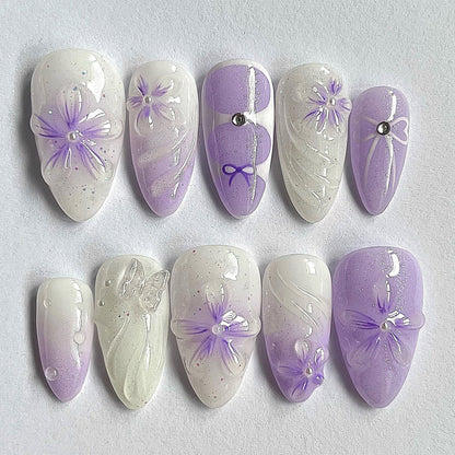 Lavender Floral 3D Glitter Ombre Press On Nails Set