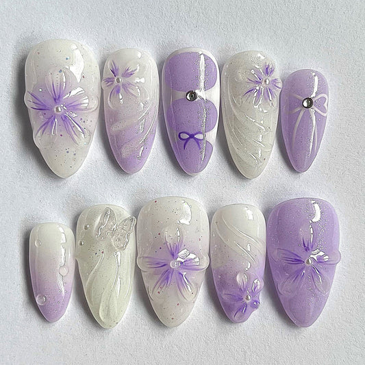 Lavender Floral 3D Glitter Ombre Press On Nails Set