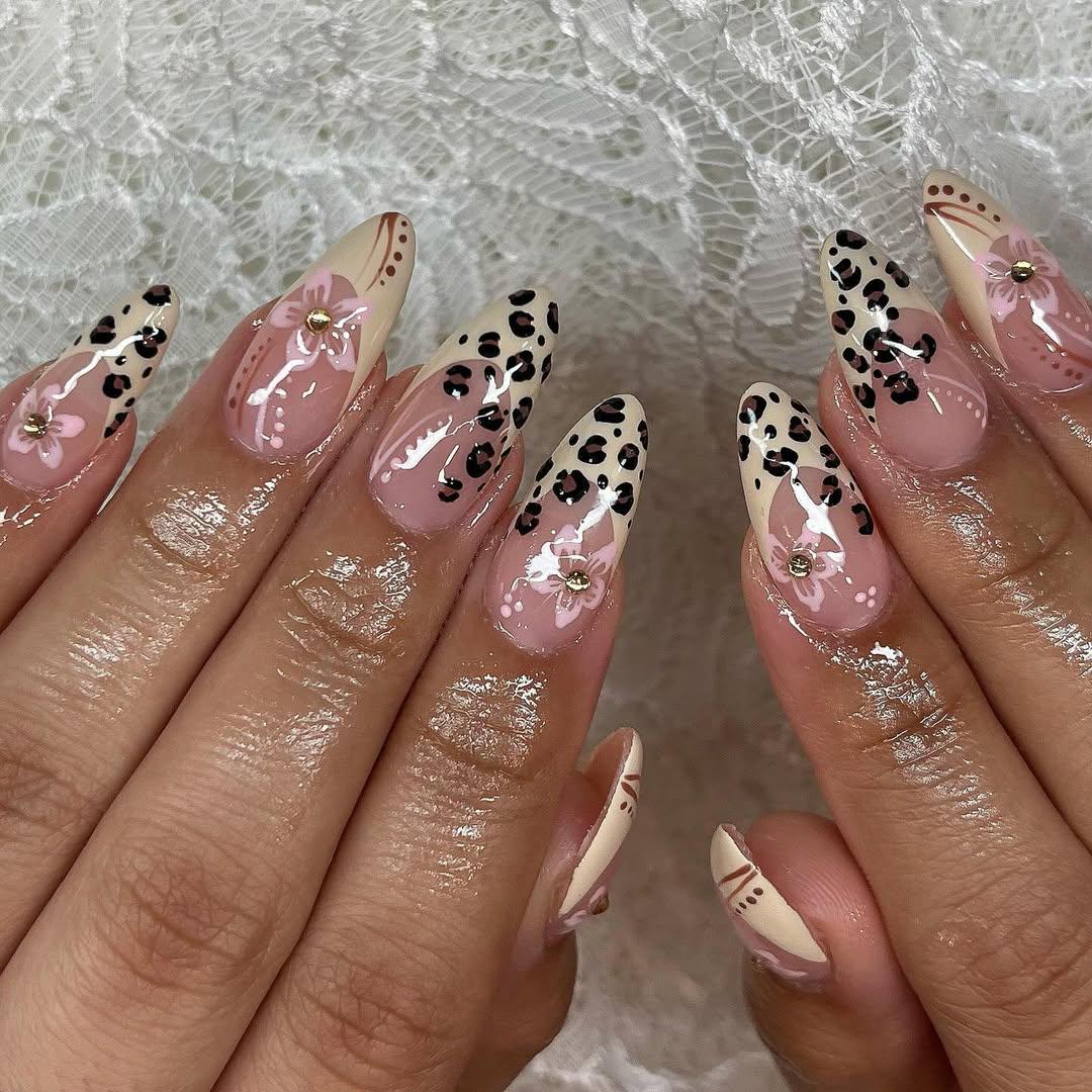 Leopard Floral Nude Pink Press-On Nails