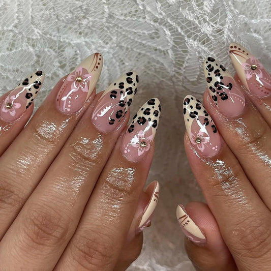 Leopard Floral Nude Pink Press-On Nails