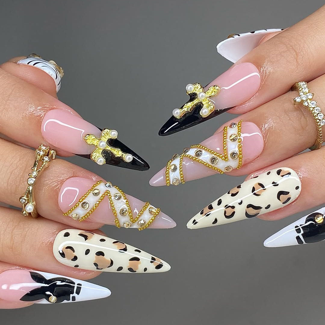 Leopard Pearl Cross Press On Nails with Gold Chain Accents