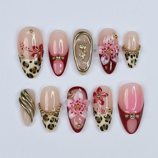 Leopard Print 3D Flower Press On Nails
